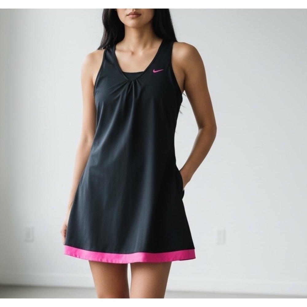 Womens M NIKE Dri Fit Tennis Dress Black Pink Athletic Sleeveless Activewear